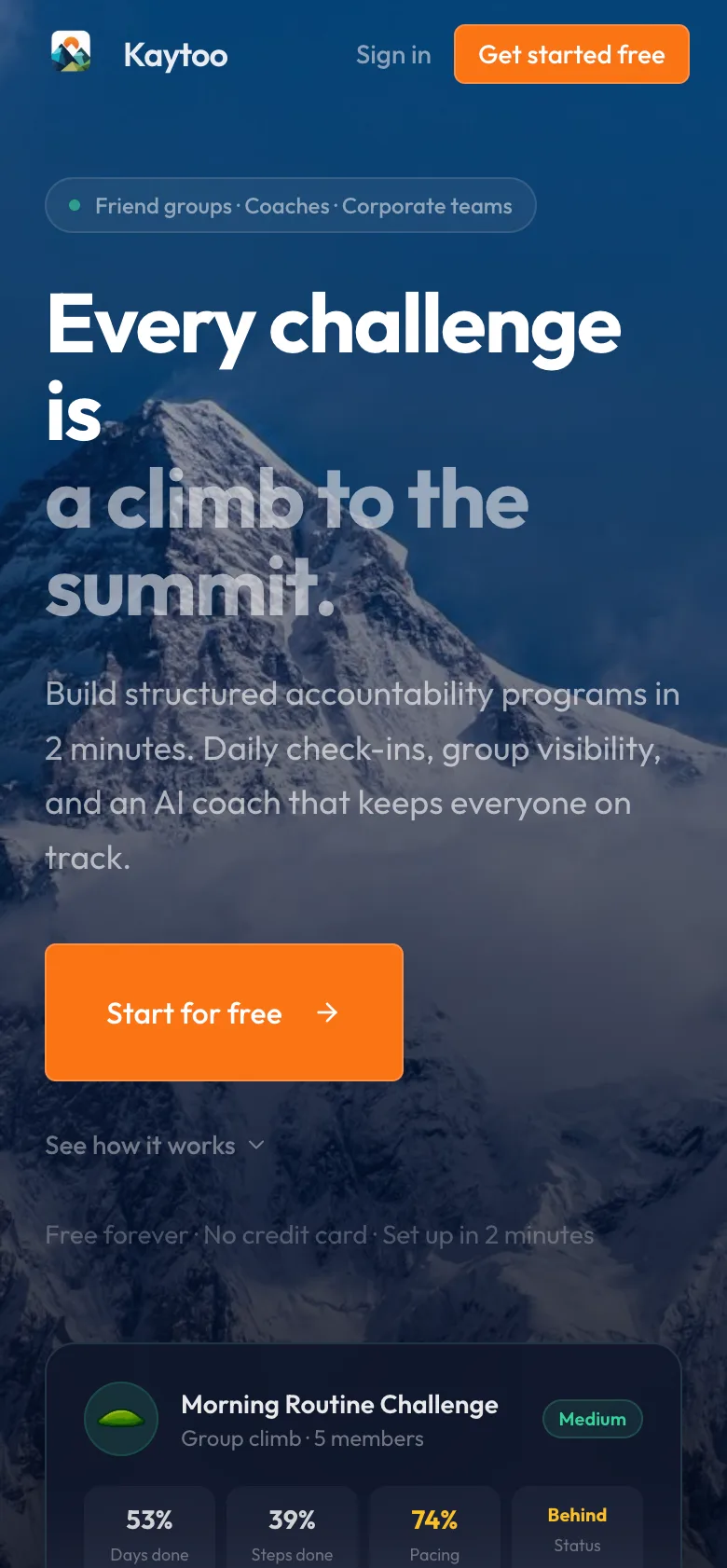 Kaytoo landing screen: every challenge is a climb to the summit
