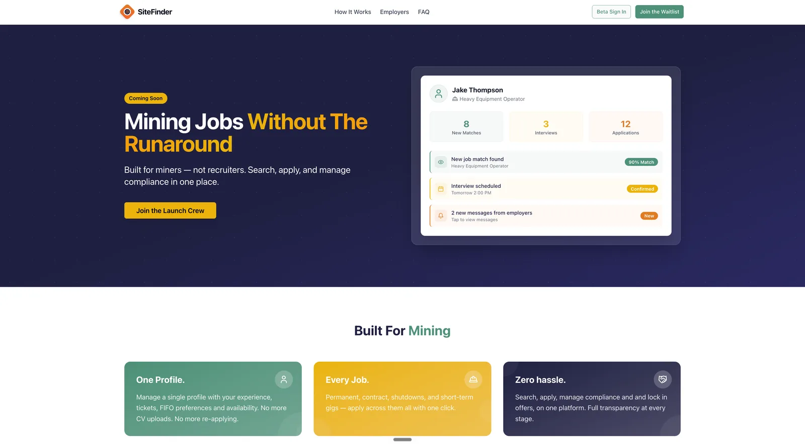 SiteFinder landing page: mining jobs without the runaround