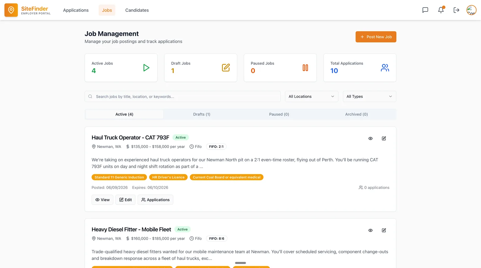 SiteFinder job search with match scores, rosters and required tickets