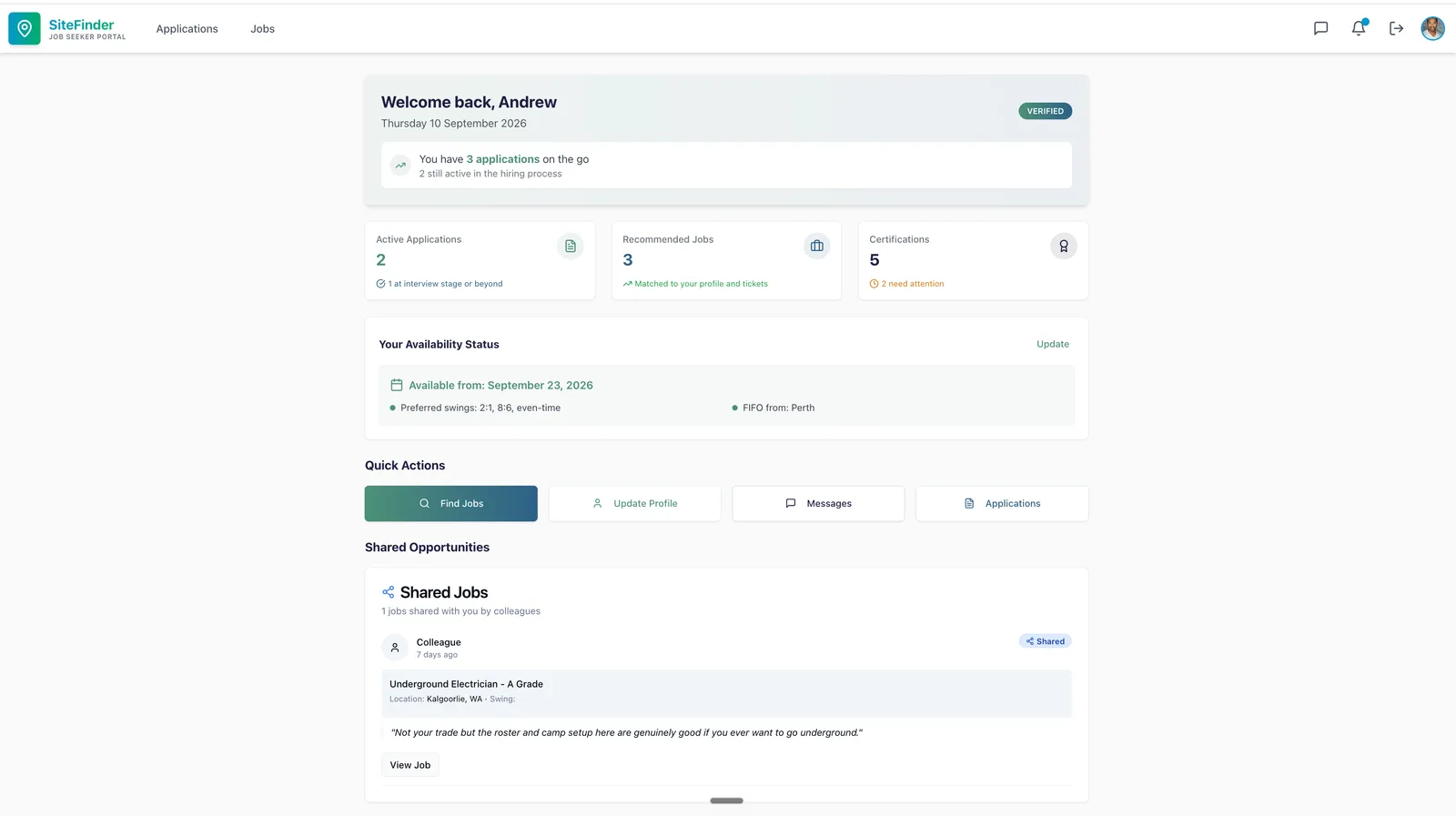 SiteFinder worker dashboard with applications, certifications and availability