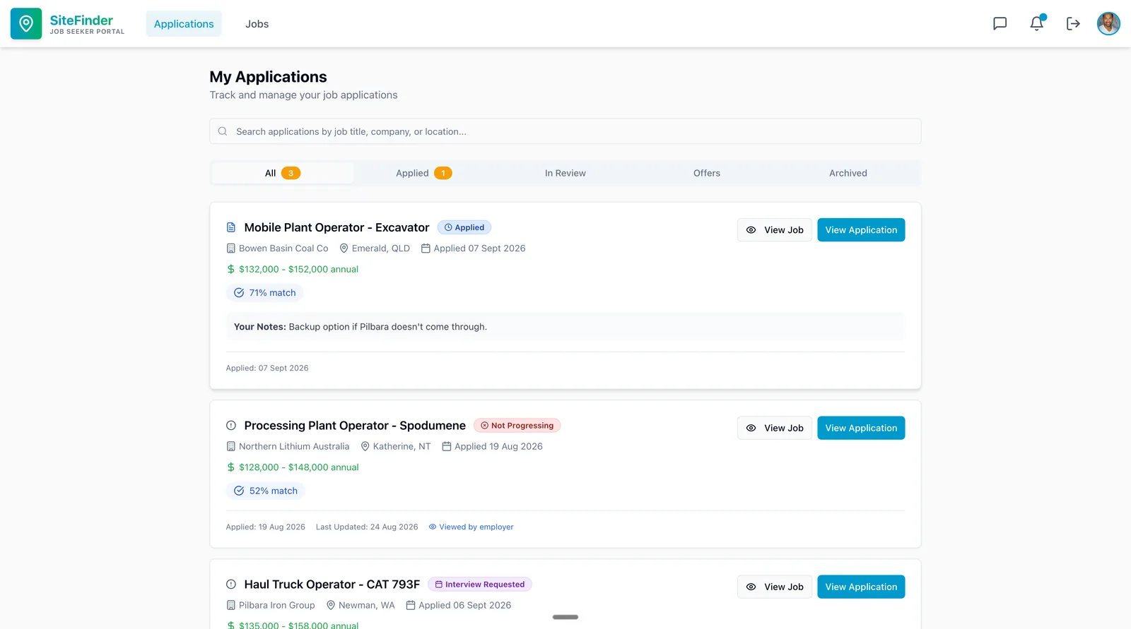 SiteFinder employer dashboard with the application pipeline